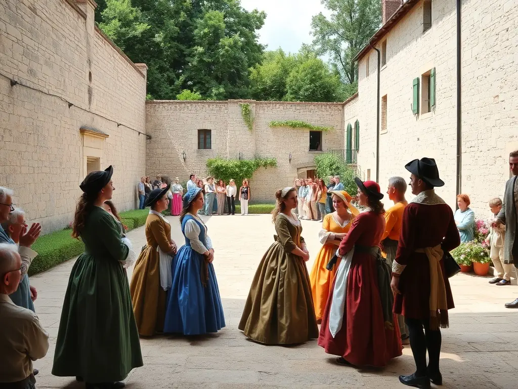 A photograph of a historical reenactment event at LA VOUTE ROVELLOTTI, with participants in period costumes and visitors watching attentively.