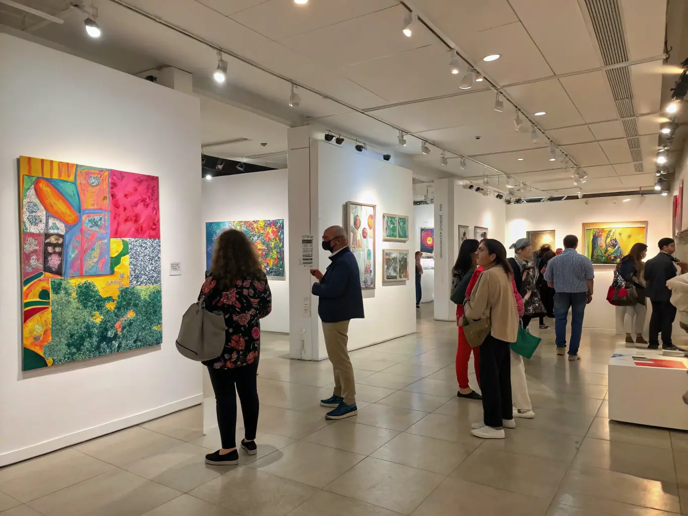 A photograph capturing a vibrant art exhibition inside LA VOUTE ROVELLOTTI, showcasing local artists' work with visitors admiring the displays.