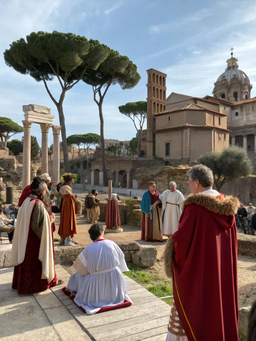 A photograph of a historical reenactment event at La Voute Rovellotti, depicting actors in period costumes bringing local history to life for an engaged audience.