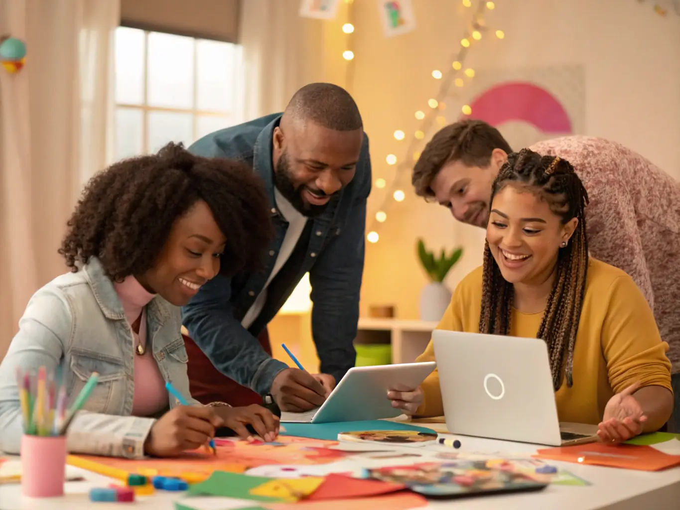 A photograph of a community workshop at LA VOUTE ROVELLOTTI, with participants actively engaged in a hands-on art activity.