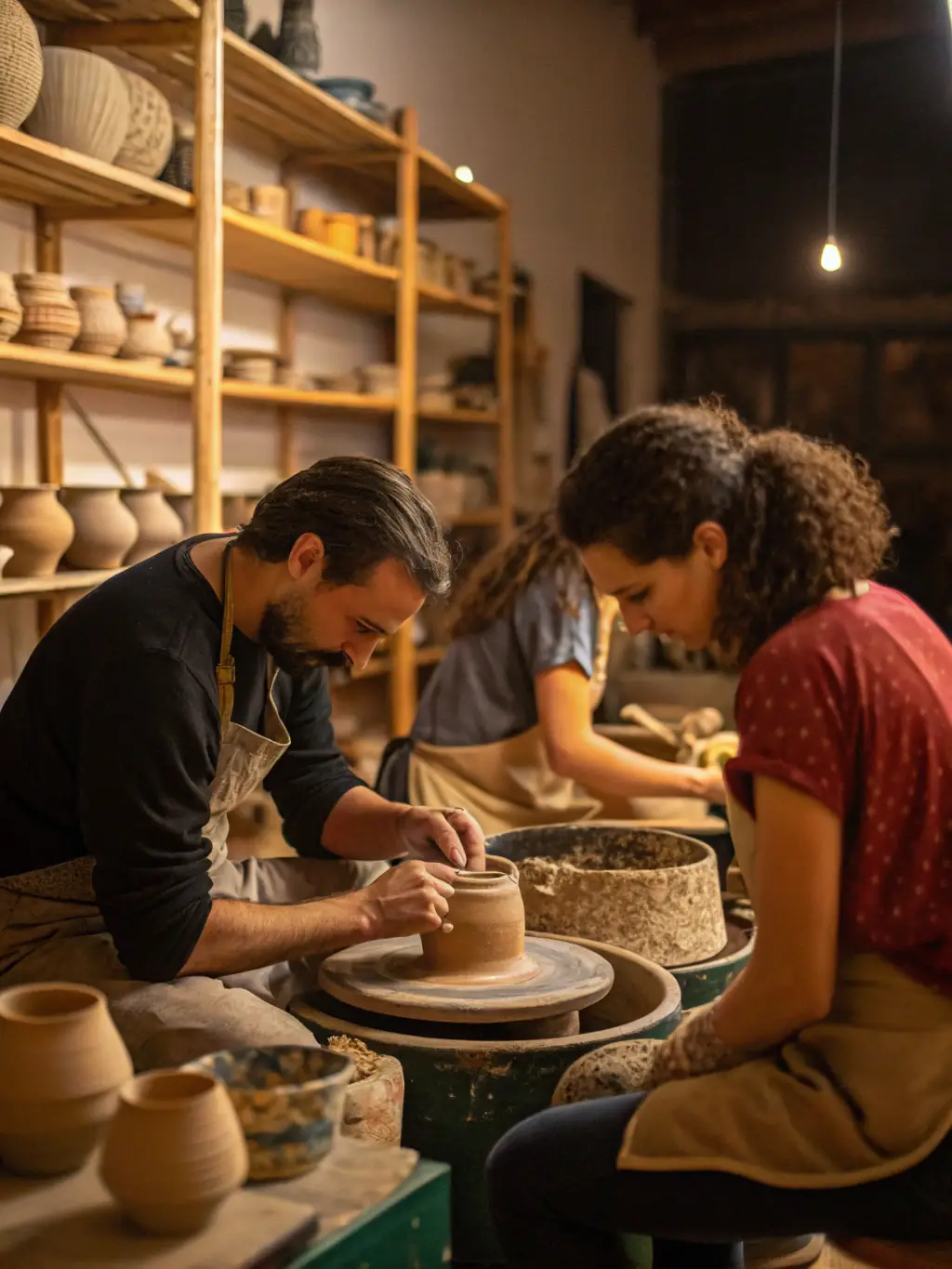 A photograph capturing a pottery workshop in progress at La Voute Rovellotti, showcasing participants creating unique pieces under the guidance of a local artisan, emphasizing hands-on cultural learning.
